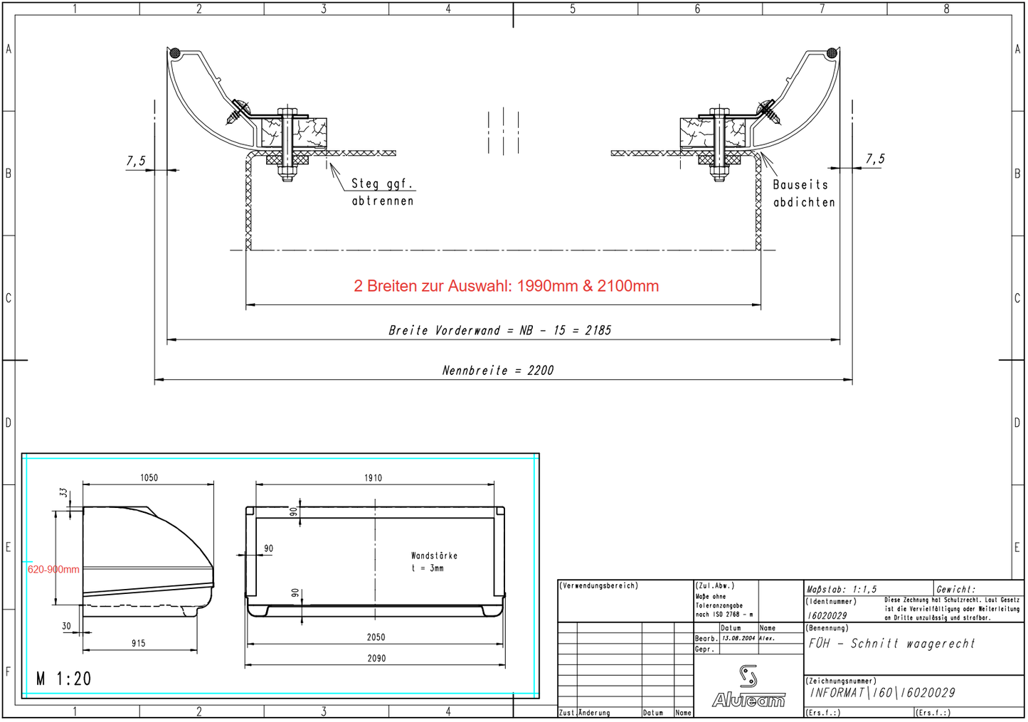 Maßblatt Alkoven Stirnwandspoiler Draufsicht mit Breite 1990 mm oder 2100 mm
