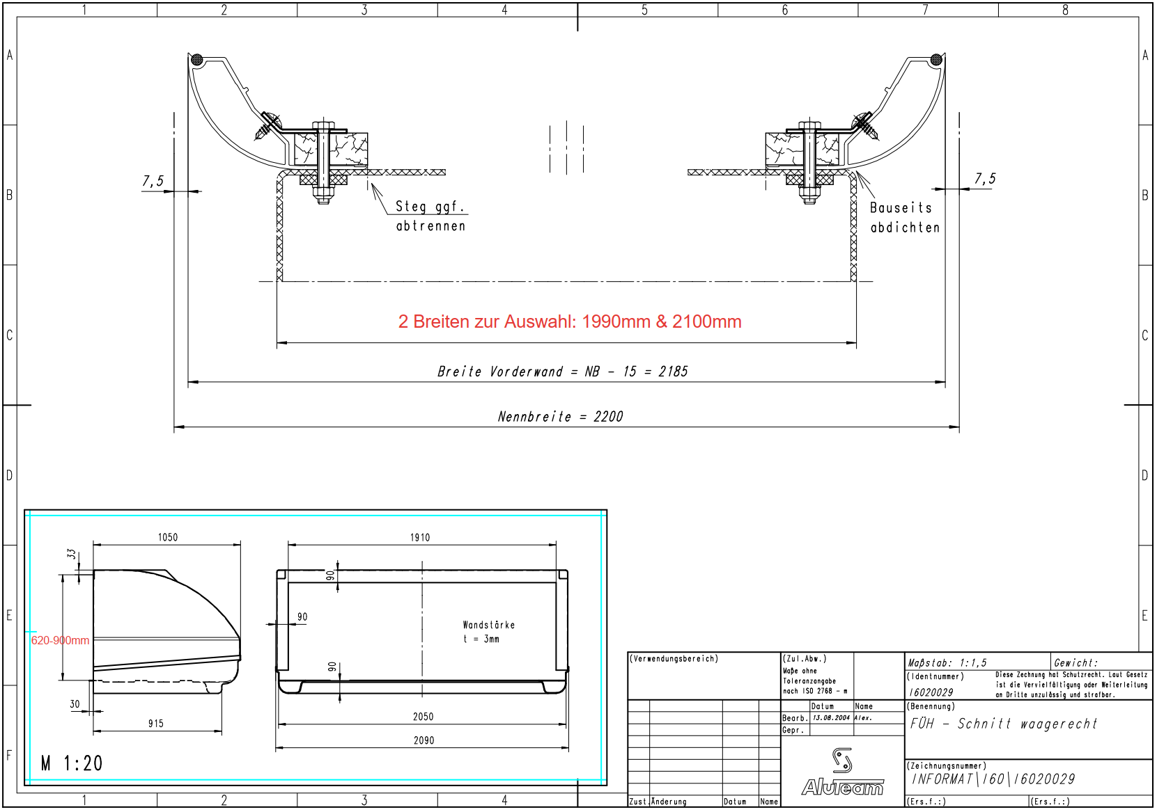 Maßblatt Alkoven Stirnwandspoiler Draufsicht mit Breite 1990 mm oder 2100 mm