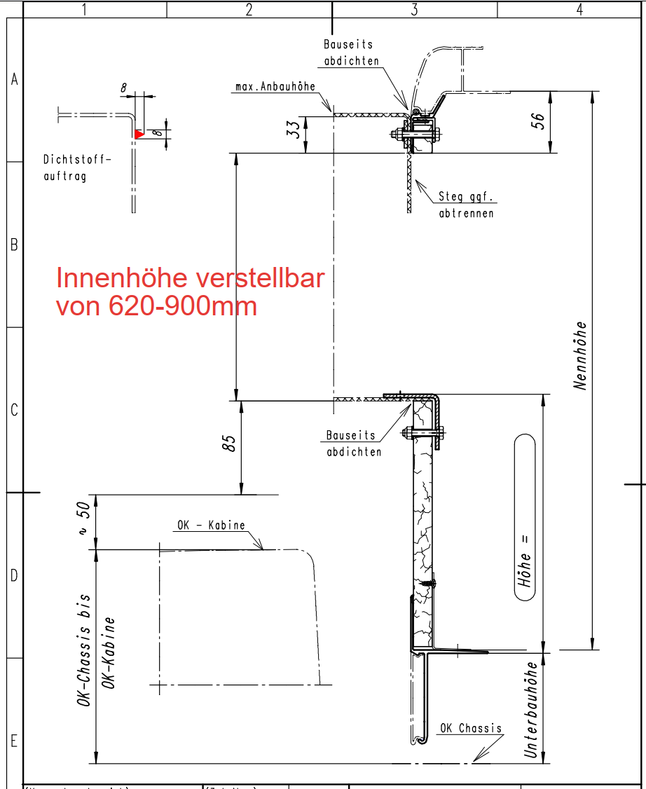 Maßblatt Alkoven Spoiler Seitenansicht mit verstellbarer Innenhöhe 620 bis 900 mm und 50 mm Dachabstand