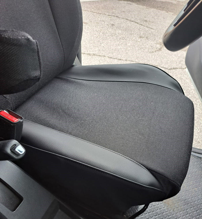 Fabric with faux-leather reinforcement on the bolster